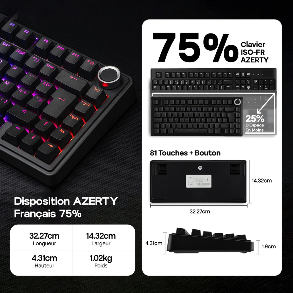 Clavier Mécanique 75% AULA F75 AZERTY – Sans Fil Bluetooth / 2.4G / USB-C