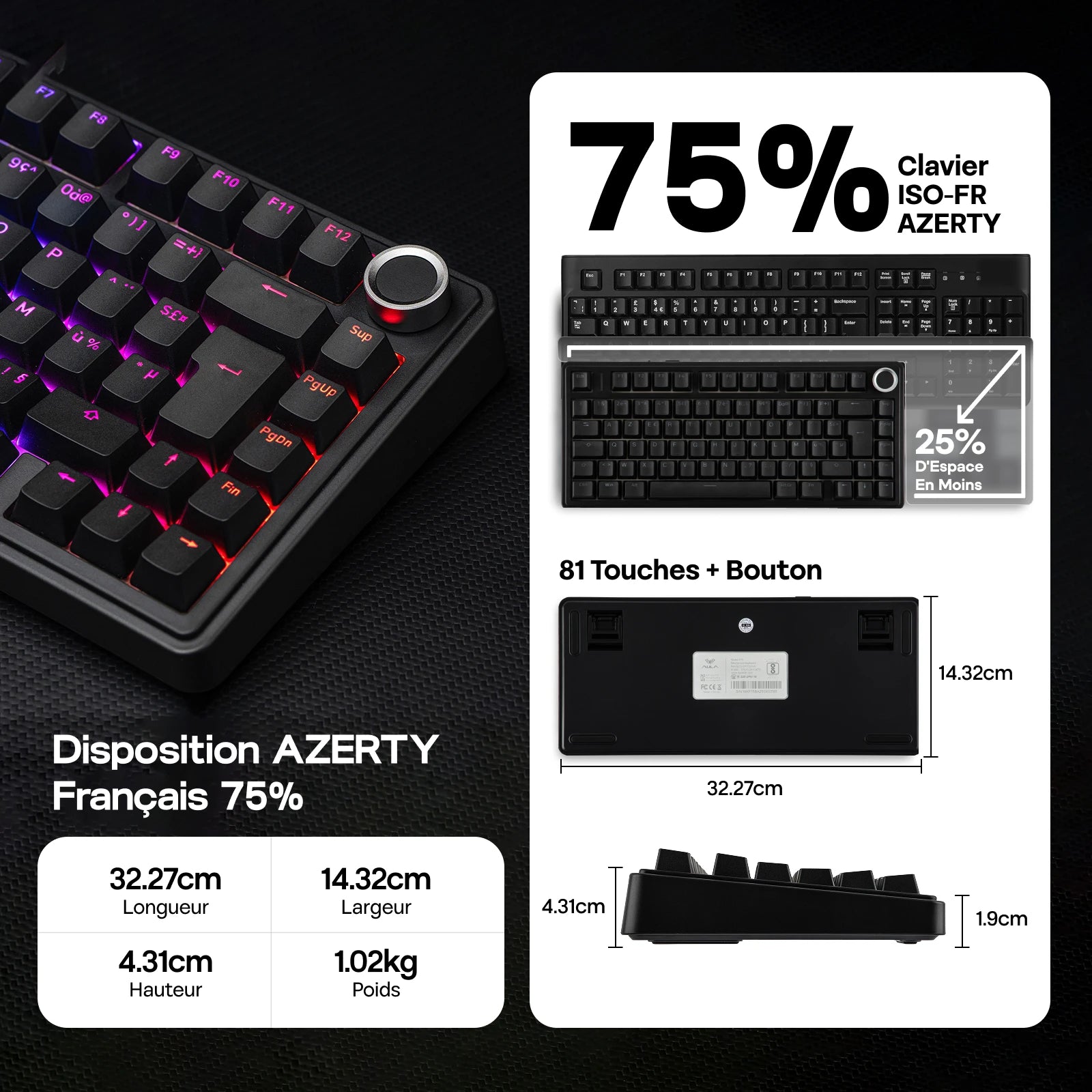 Clavier Mécanique 75% AULA F75 AZERTY – Sans Fil Bluetooth / 2.4G / USB-C