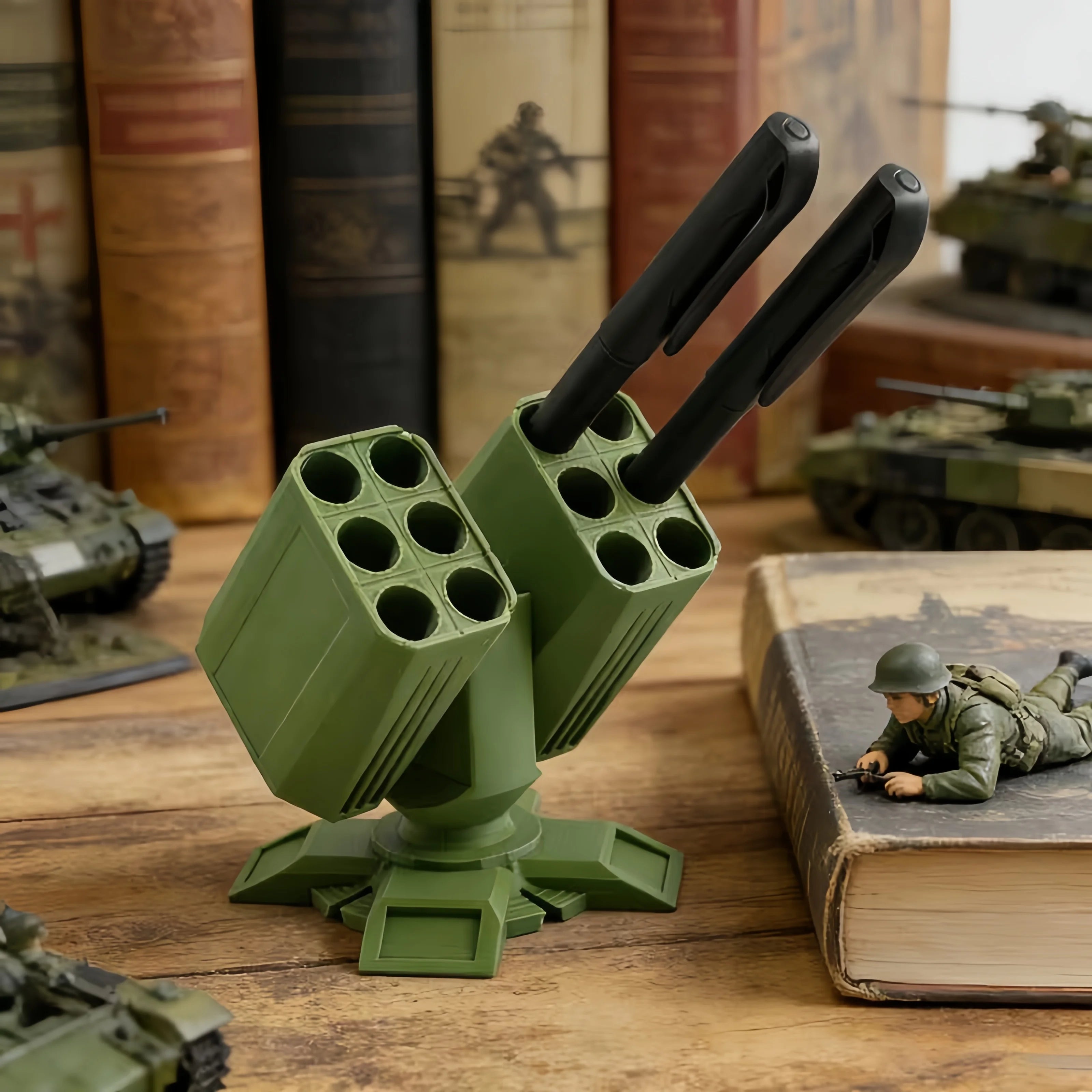 Porte-Stylos Lance-Missiles 3D – 12 Emplacements, Noir ou Vert, Déco Bureau