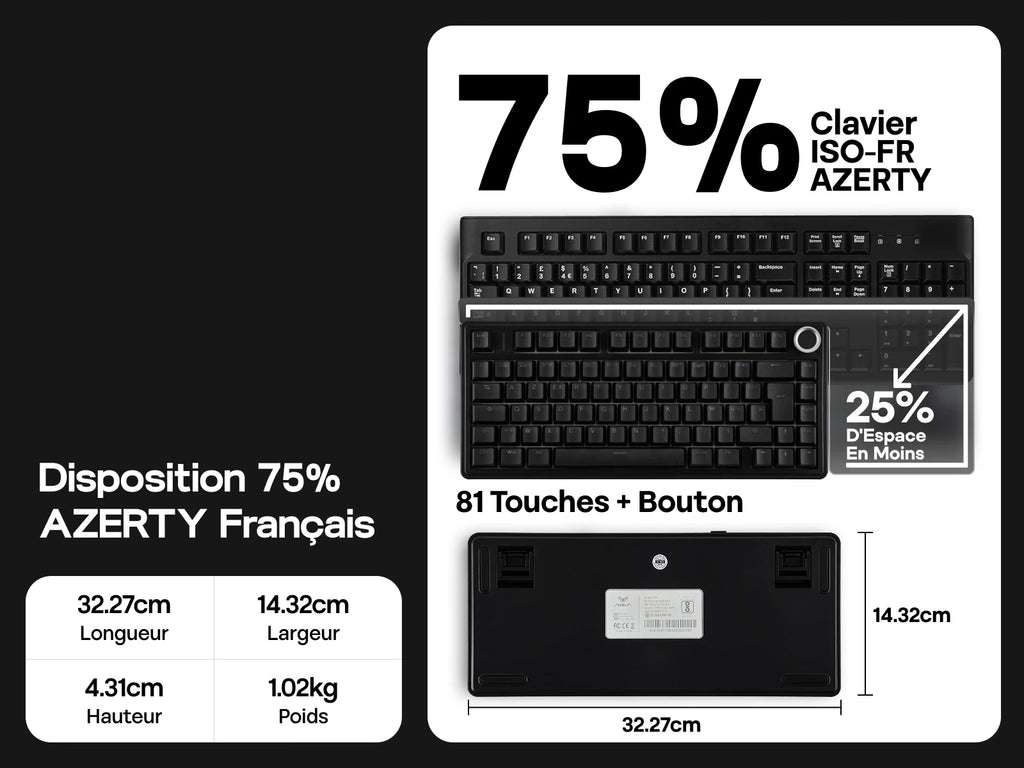 Clavier Mécanique 75% AULA F75 AZERTY – Sans Fil Bluetooth / 2.4G / USB-C