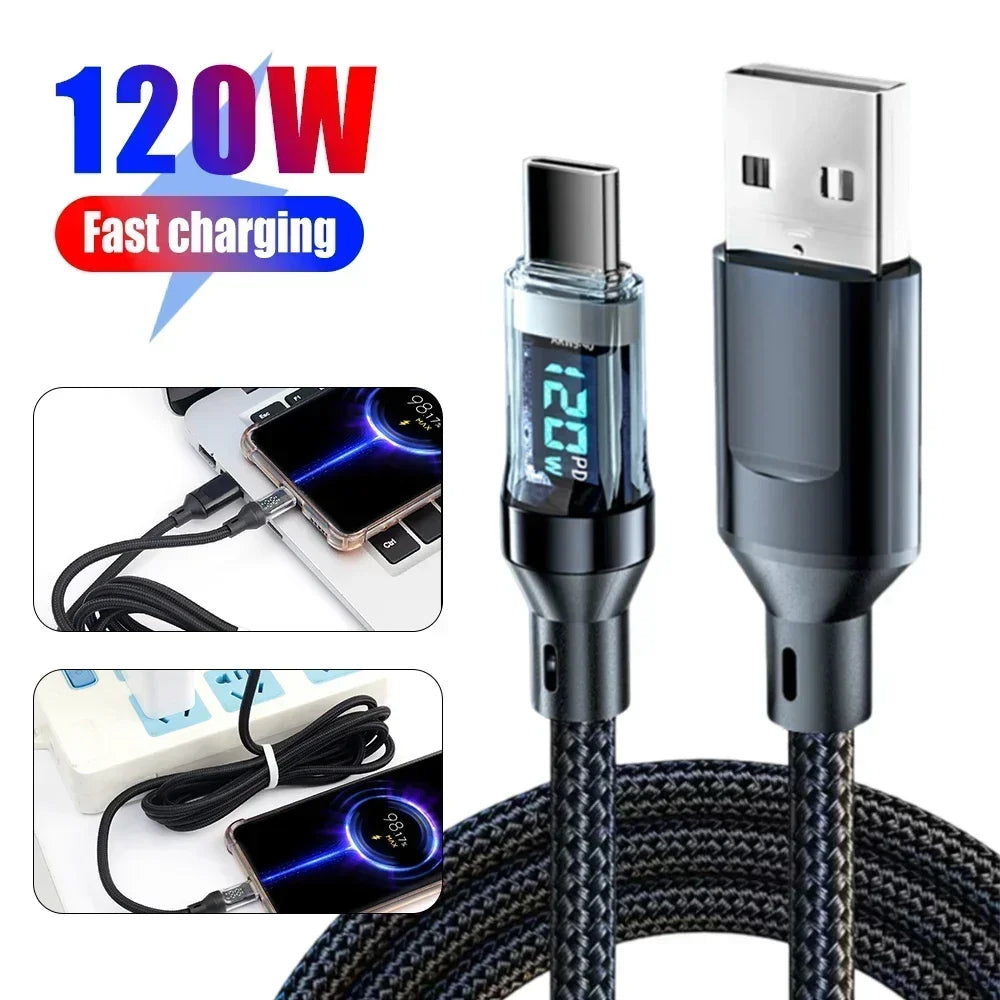 Câble Charge Rapide 120W avec Affichage Numérique – USB-C / USB-A, 1m ou 2m