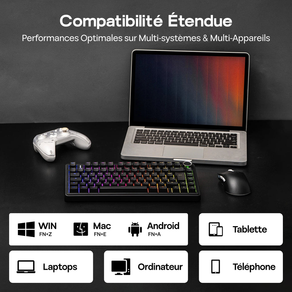 Clavier Mécanique 75% AULA F75 AZERTY – Sans Fil Bluetooth / 2.4G / USB-C