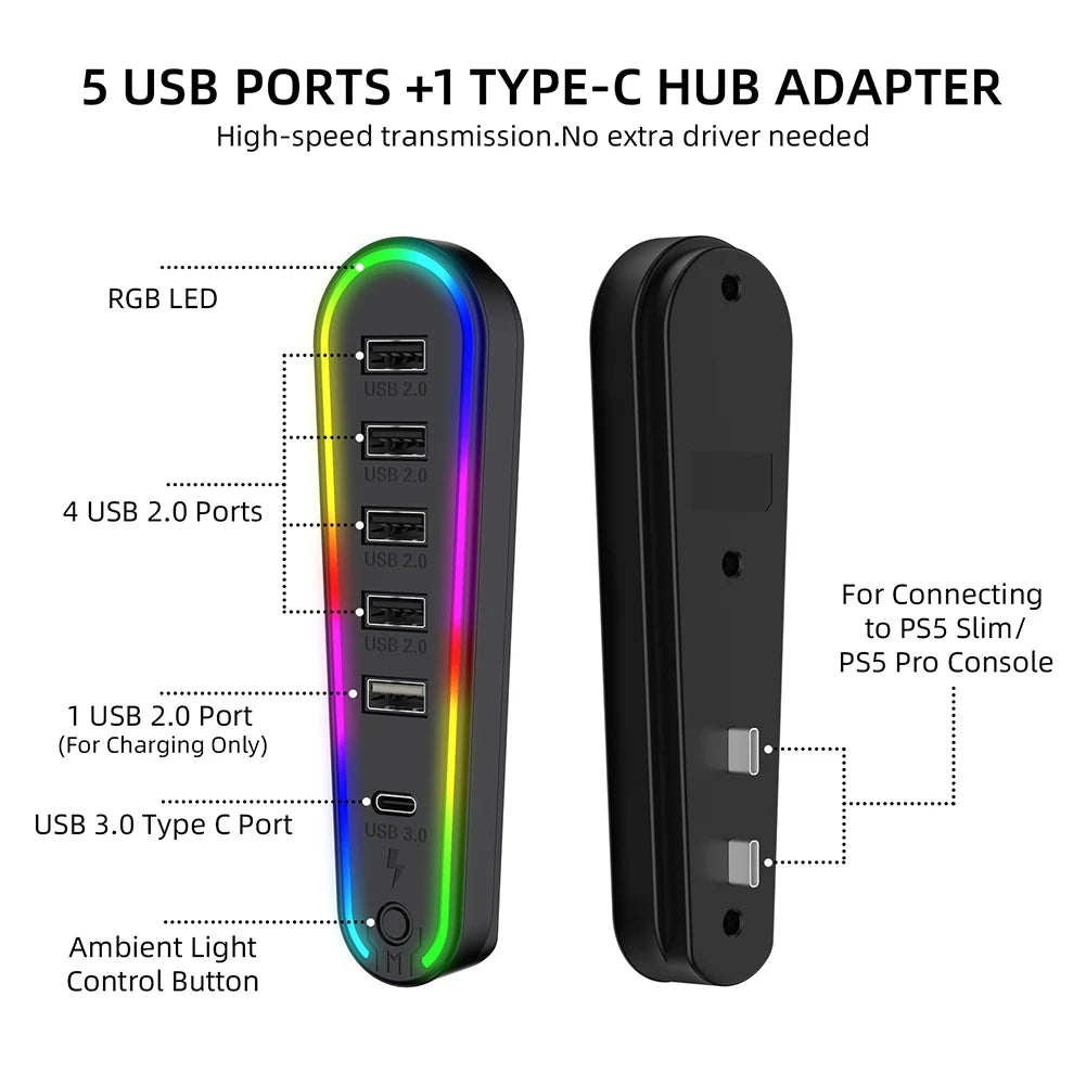 Hub USB 6 Ports RGB pour PlayStation 5 – Chargeur Adaptateur PS5 Pro / Slim