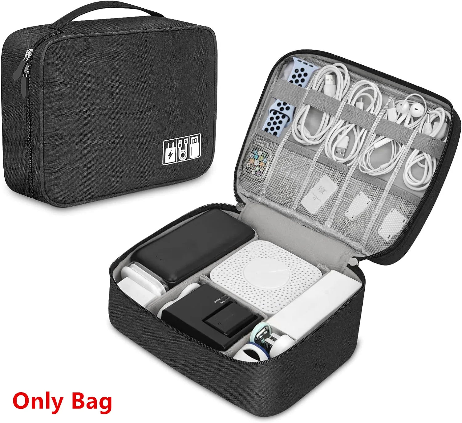 Sac de Rangement Multi-Usage – Câbles, Chargeurs, Accessoires, Cuir Noir / Gris