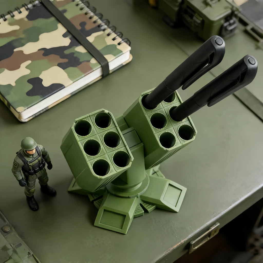Porte-Stylos Lance-Missiles 3D – 12 Emplacements, Noir ou Vert, Déco Bureau