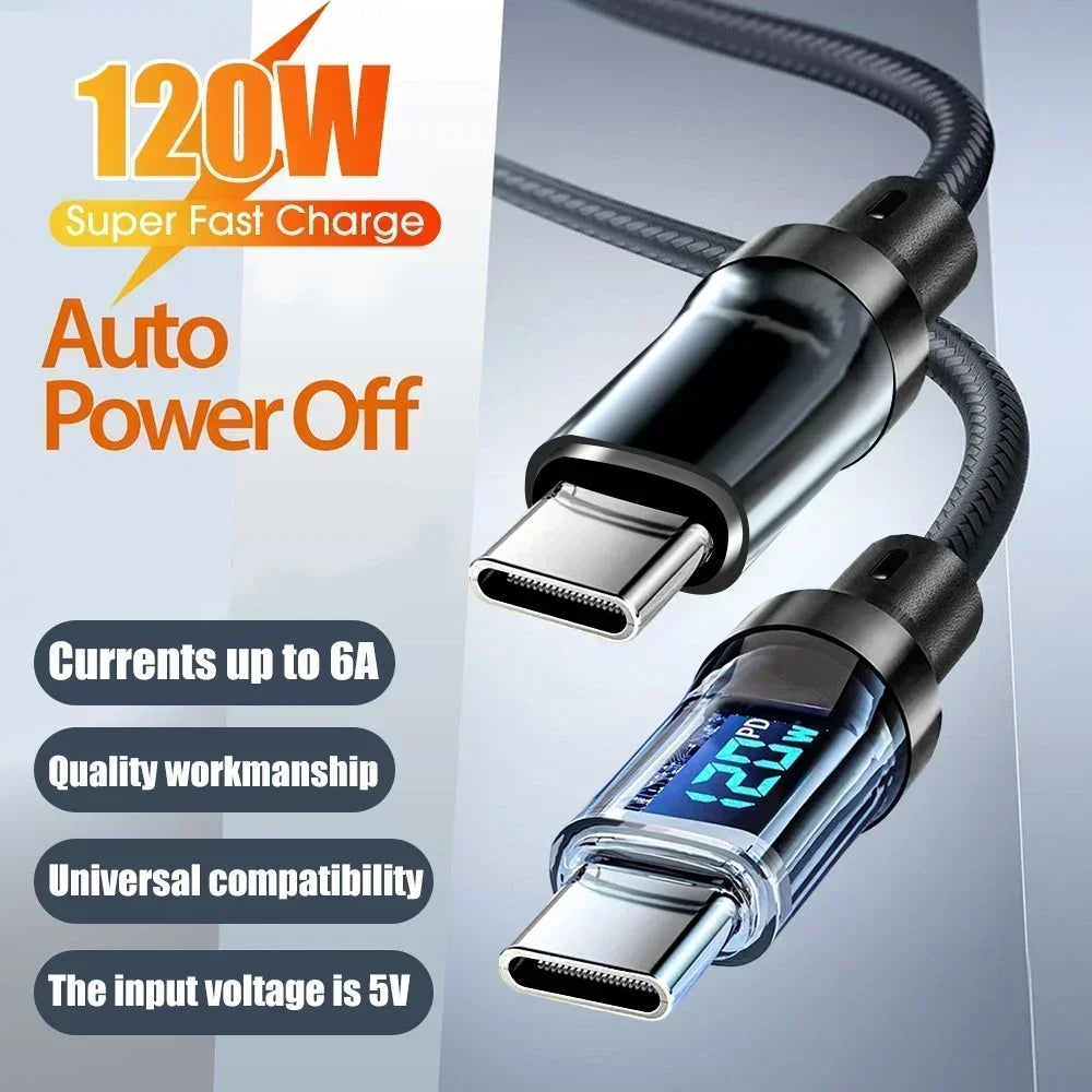 Câble Charge Rapide 120W avec Affichage Numérique – USB-C / USB-A, 1m ou 2m