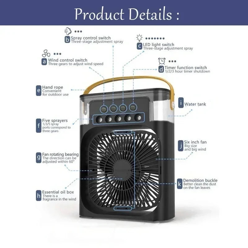 Ventilateur 3-en-1 Rafraîchisseur d'Air Portable avec Veilleuse LED