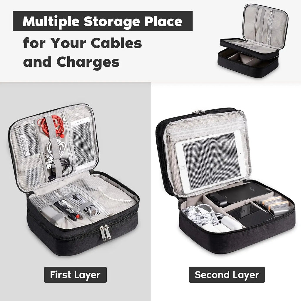 Sac de Rangement Multi-Usage – Câbles, Chargeurs, Accessoires, Cuir Noir / Gris