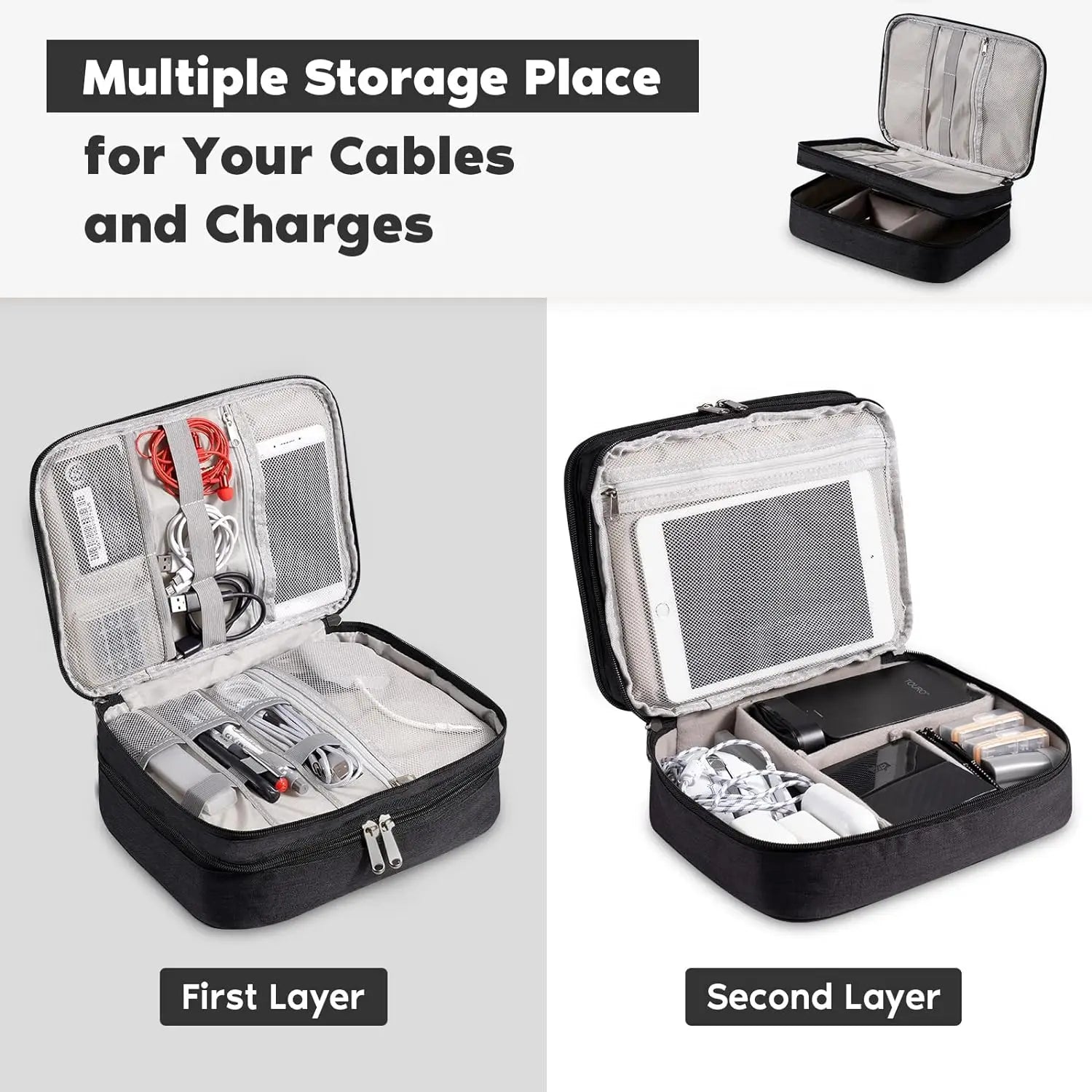Sac de Rangement Multi-Usage – Câbles, Chargeurs, Accessoires, Cuir Noir / Gris