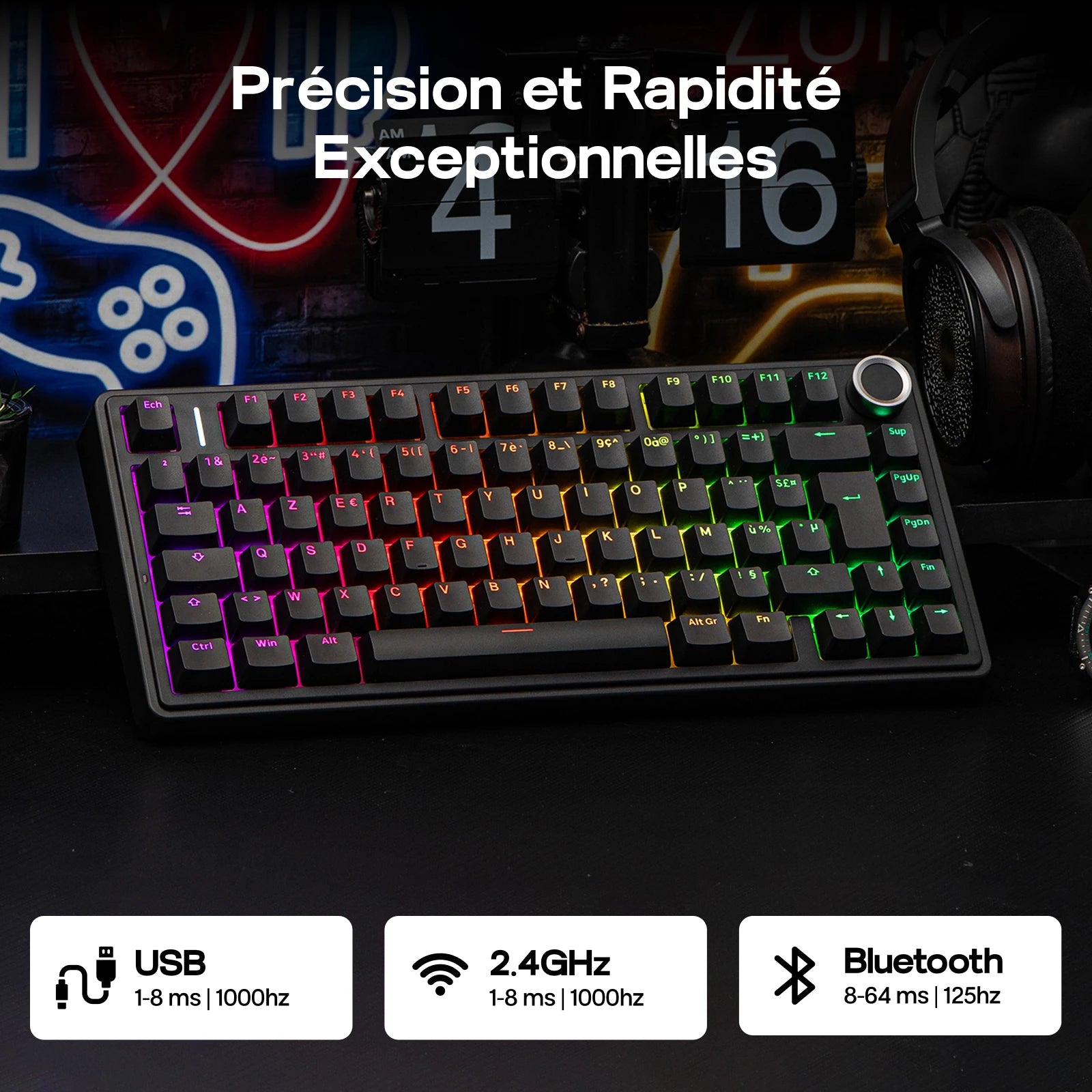 Clavier Mécanique 75% AULA F75 AZERTY – Sans Fil Bluetooth / 2.4G / USB-C
