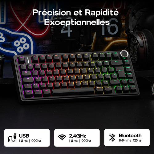Clavier Mécanique 75% AULA F75 AZERTY – Sans Fil Bluetooth / 2.4G / USB-C