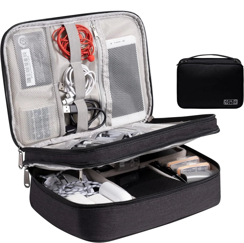 Sac de Rangement Multi-Usage – Câbles, Chargeurs, Accessoires, Cuir Noir / Gris