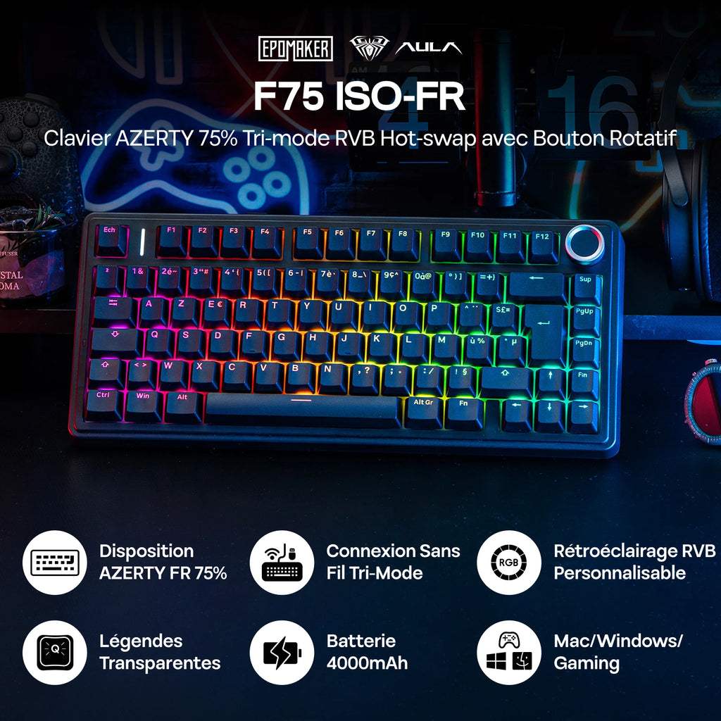 Clavier Mécanique 75% AULA F75 AZERTY – Sans Fil Bluetooth / 2.4G / USB-C