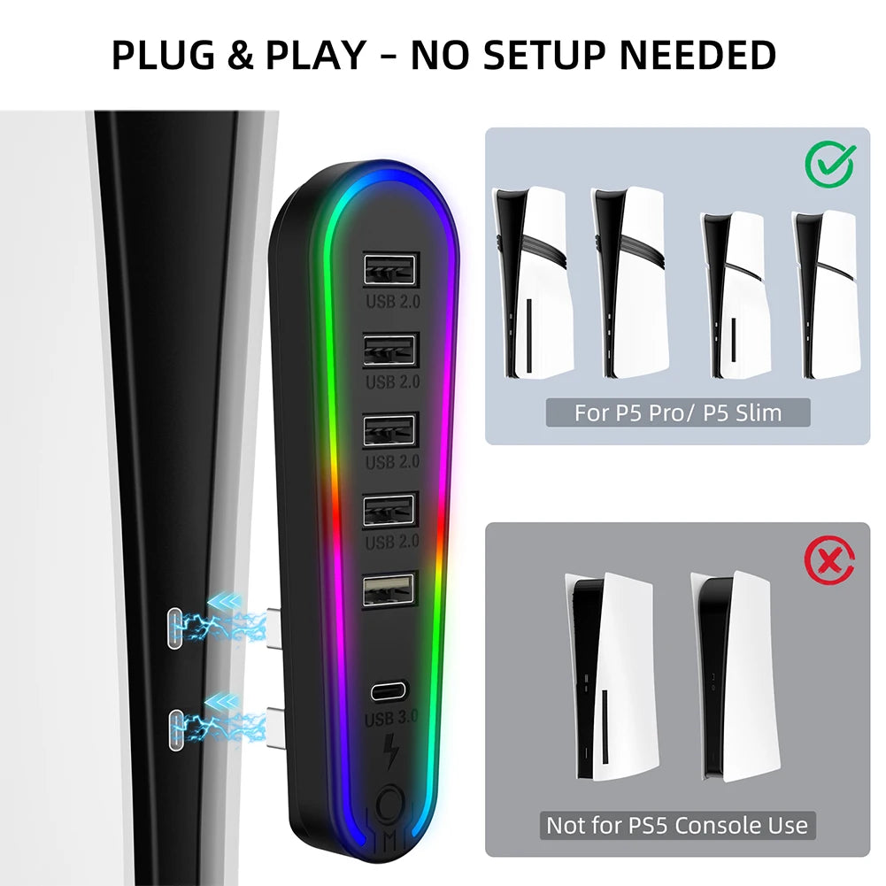 Hub USB 6 Ports RGB pour PlayStation 5 – Chargeur Adaptateur PS5 Pro / Slim