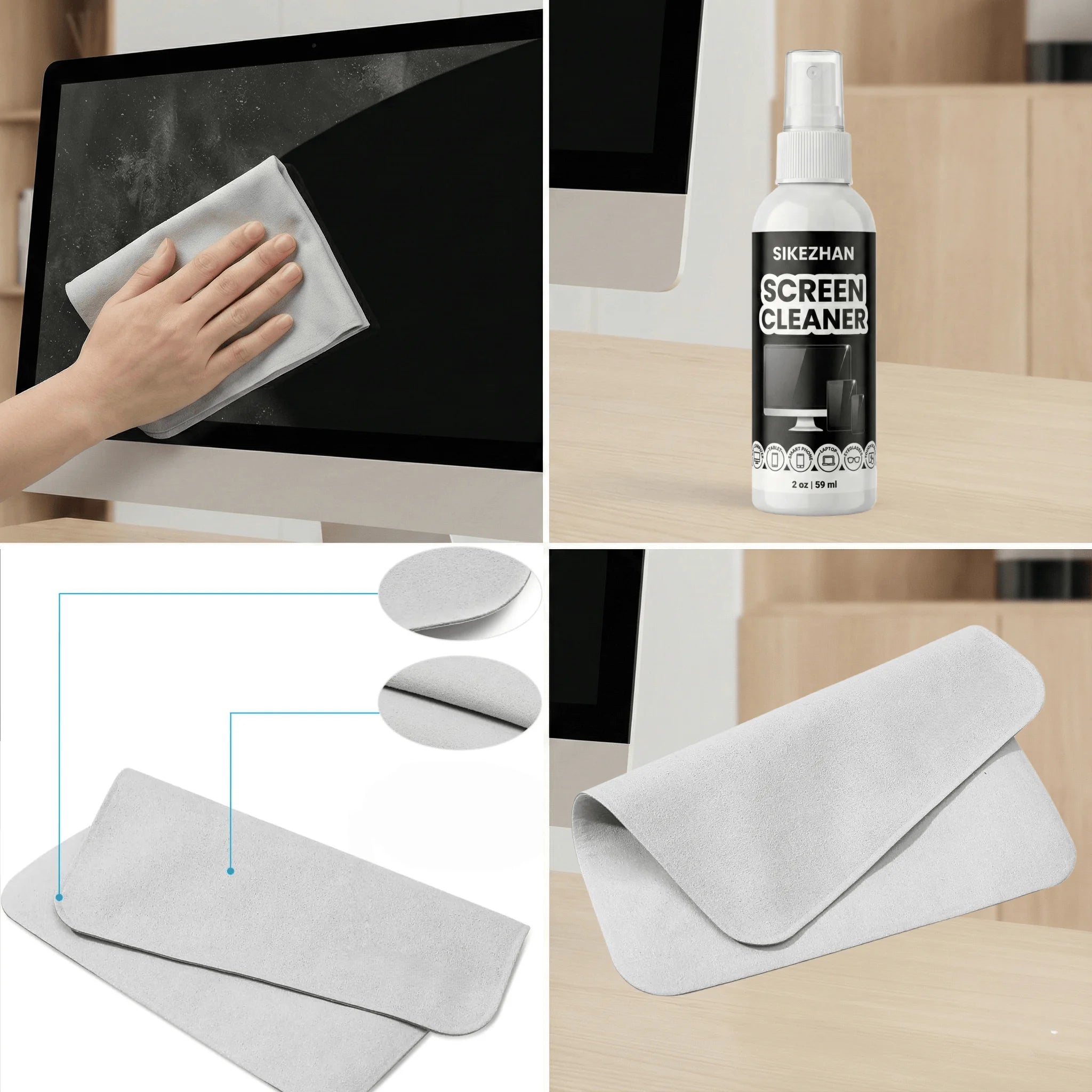 Kit Nettoyage Écran Spray + Microfibre – Compatible PC, Téléphone, TV, Tablette