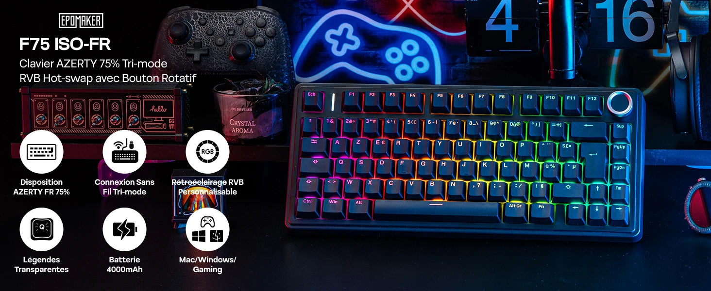 Clavier Mécanique 75% AULA F75 AZERTY – Sans Fil Bluetooth / 2.4G / USB-C